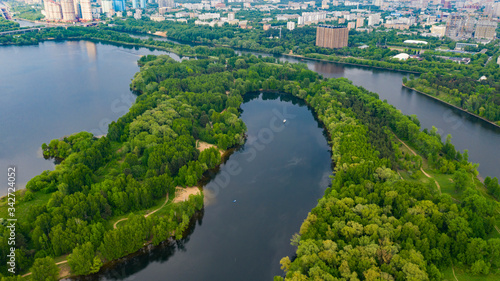 Aerial landscape photo of Moscow city, Russia. Green park. Natural scenery. Pine forest. drone photo