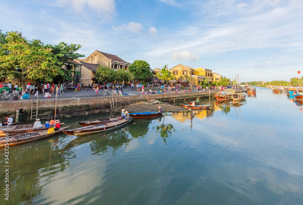 Aerial view of Hoi An ancient town, UNESCO world heritage, at Quang Nam province. Vietnam. Hoi An is one of the most popular destinations in Vietnam. Boat on Hoai river
