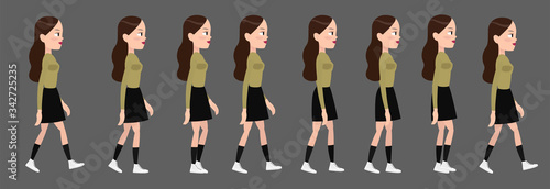 Full cycle animation of girl's walking. Female gait. Petty student or teenager in modern clothes