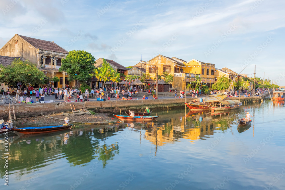 Aerial view of Hoi An ancient town, UNESCO world heritage, at Quang Nam province. Vietnam. Hoi An is one of the most popular destinations in Vietnam. Boat on Hoai river