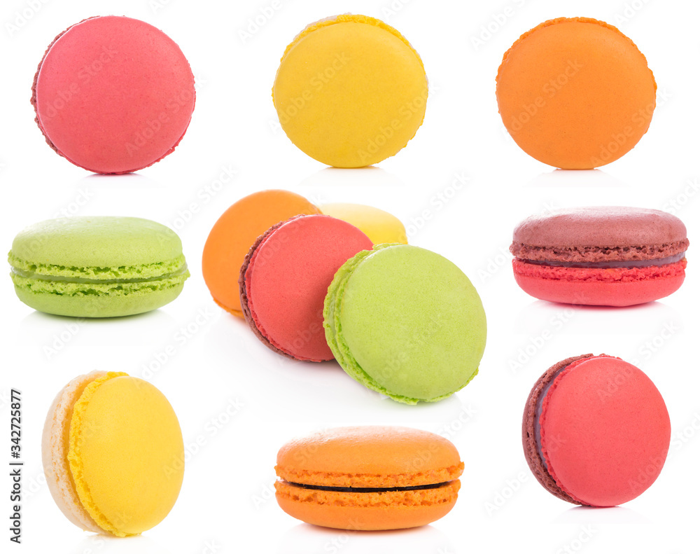 Set of sweet and colorful french macaroons isolated on white background
