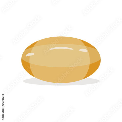 Vitamin E, D, Gel pill, fish oil. Cartoon vector stock icon in flat style of oil capsule, gold oval bubble isolated on white background.