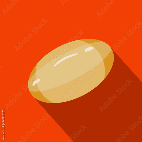 Vitamin E, D, Gel pill, fish oil with shadow. Cartoon vector stock icon in flat style of oil capsule, gold oval bubble isolated on orange background with dark orange shadow.