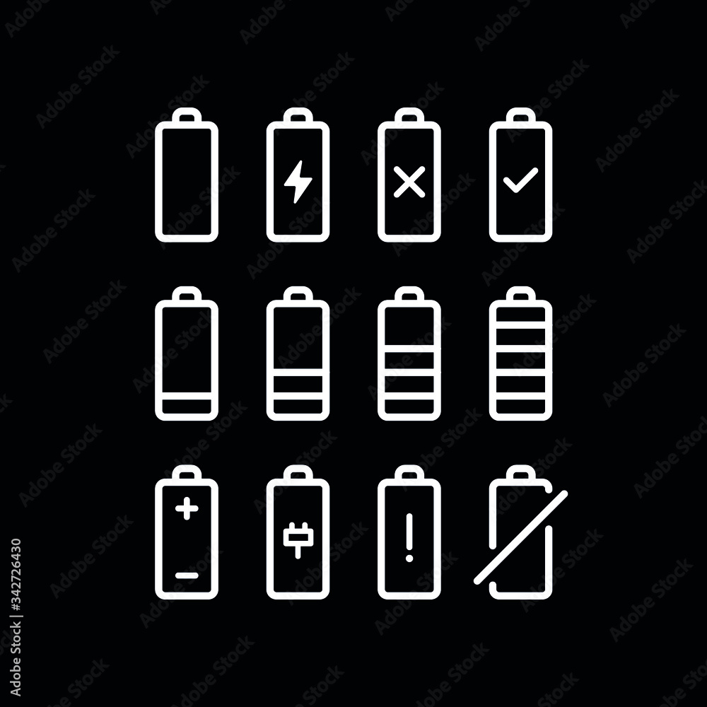 Outline black battery icons set on isolated black background Outline black battery icons set on isolated black background