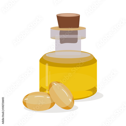 Fish oil syrup in glass bottle with capsules. Healthy seafood, fish oil in bottle and softgel pills. Cartoon flat Vector stock illustration isolated on white background. Design for web and ets.
