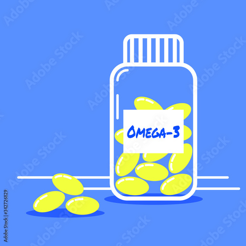 A bottle and capsules of omega 3 fish oil supplement vector.