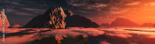 Obraz na plátně Alien landscape, canyon on Mans, sunset on the Martian mountains, 3D rendering