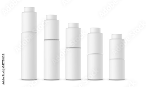 Set of cosmetic packaging various sizes, dropper bottle with pump cap. Vector illustration