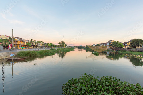 Panorama Aerial view of Hoi An ancient town  UNESCO world heritage  at Quang Nam province. Vietnam. Hoi An is one of the most popular destinations in Vietnam. Boat on Hoai river