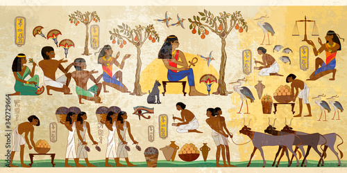 Ancient Egypt frescoes. Old tradition and culture. Life of egyptians. History art. Agriculture, workmanship, fishery, farm. Hieroglyphic carvings on exterior walls of an old temple
