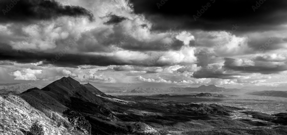 Black and white panorama from the top of the hill..