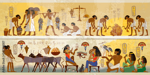 Ancient Egypt frescoes. Agriculture, workmanship, fishery, farm. Old tradition and culture. Hieroglyphic carvings on exterior walls of an old temple. Life of egyptians. History art