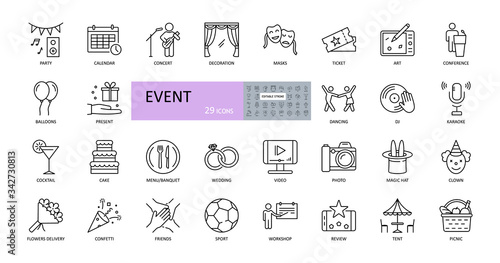 Event vector icons. Editable Stroke. Entertainment, party concert scenery, music video, wedding gifts, dancing, DJ. Food drinks, flowers, sport tickets, picnic tent photo