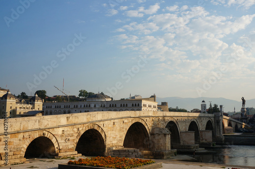 Stone Bridge (Kamen Most) leads to the historic Ottoman quarter of Skopje, Macedonia. Morning view.