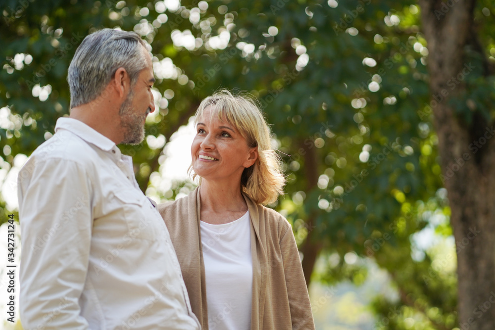 Portrait of happy elderly couple looking together, take care and love with good relationship, good health and romantic in the park, retirement insurance and lovely couple concept Portrait of happy elderly couple looking together, take care and love with good relationship, good health and romantic in the park, retirement insurance and lovely couple concept