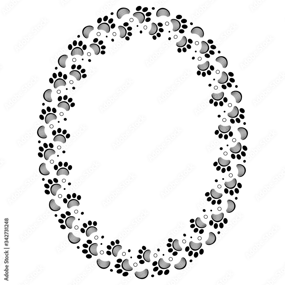 Obraz premium Paw print and grooming comb oval vector frame