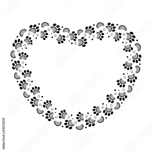 Paw print and grooming comb heart vector frame