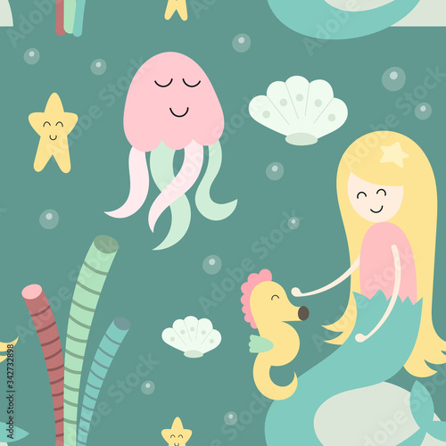 Little mermaid seamless pattern with cute mermaids  seahorse  jellyfish and underwater plants. Sea magic background. Vector Illustration. Great for wallpaper  baby clothes  greeting card  wrapping pap