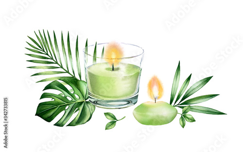 Watercolor candles arrangement. Two green candles and palm, monstera leaves. Realistic glass painting. Spa and cosmetic products isolated on white background. Detailed hand drawn illustration