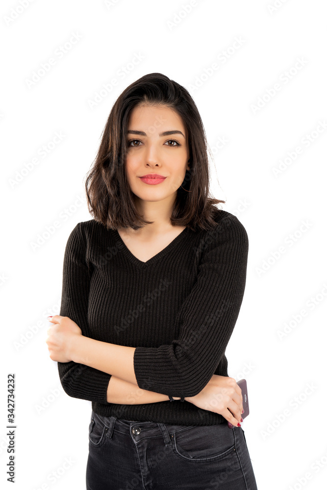 Portrait of beautiful woman isolated on white background. Pretty woman looking at camera Portrait of beautiful woman isolated on white background. Pretty woman looking at camera