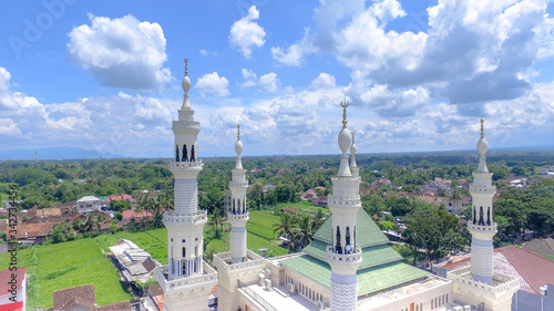 Aerial of Suciatir mosque islamic centre in Sleman Indonesia. The place for praying for moslem. Ramadhan Kharem 1441 H. Idul Fitri, Eid Al-Fit in Pandemic Covid-19