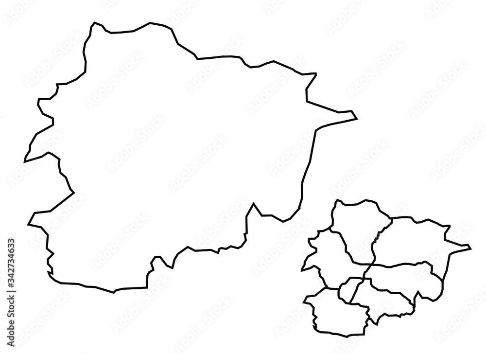 Andorra outline map vector with administrative borders, regions, municipalities, departments in black white colors Andorra outline map vector with administrative borders, regions, municipalities, departments in black white colors