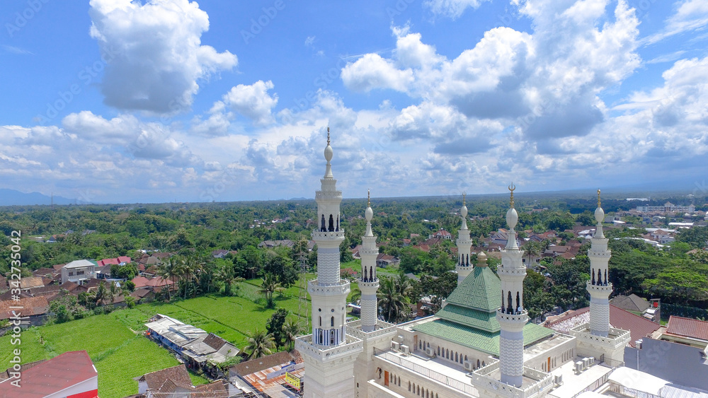 Aerial of Suciatir mosque islamic centre in Sleman Indonesia. The place for praying for moslem. Ramadhan Kharem 1441 H. Idul Fitri,  Eid Al-Fit in Pandemic Covid-19