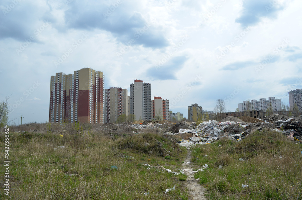 Fototapeta premium Spring landscape.Ecology of Ukraine. Nature near Ukrainian capital. Environmental contamination. Illegal junk dump. Kiev,Ukraine