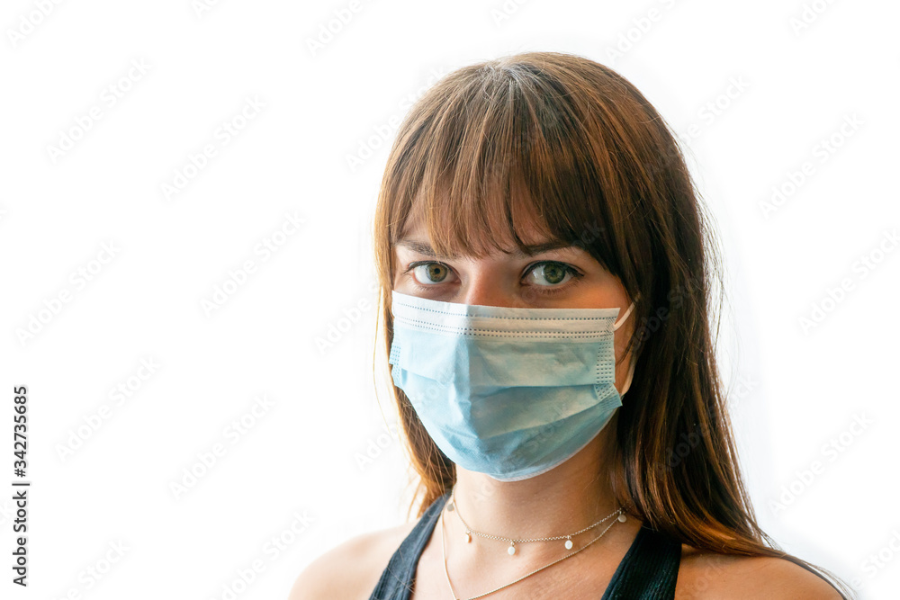 Close up face of young woman wearing medical face mask with white background Close up face of young woman wearing medical face mask with white background