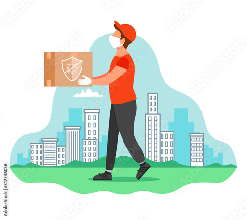 Safe delivery during a coronavirus pandemic. A masked courier holds a box with an order. Vector modern icon, concept in flat style.