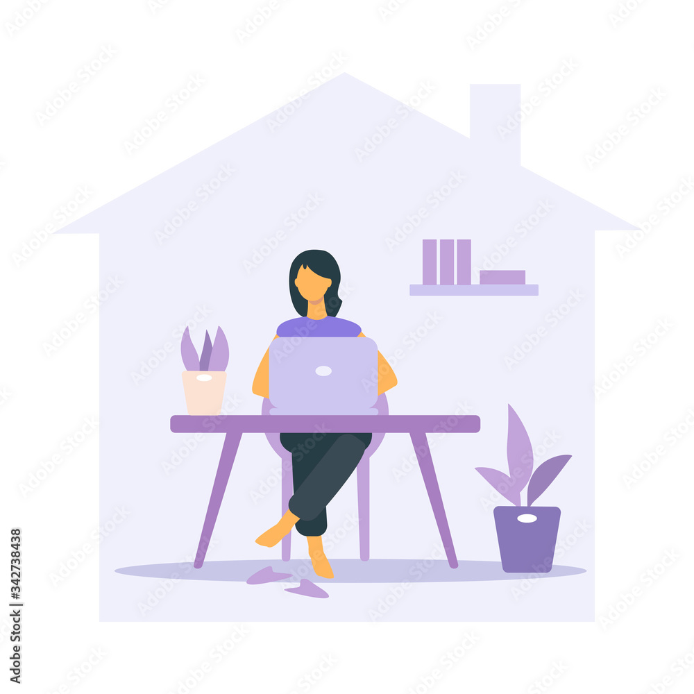 Work from home in virus outbreak, social distancing company allow employee work at home to prevent virus infection.. Woman with houseplant, laptop, desk,. Vector for web banner, landing page Work from home in virus outbreak, social distancing company allow employee work at home to prevent virus infection.. Woman with houseplant, laptop, desk,. Vector for web banner, landing page