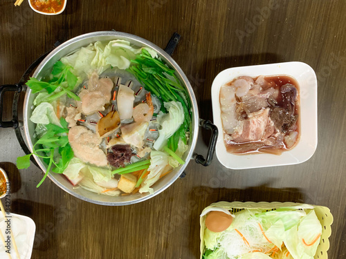 Thai Barbecue Pig Pan ,Hot pan pork on pan with vegetable