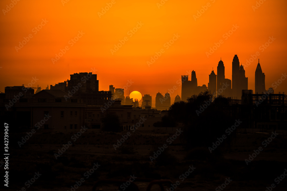 Dubai Media City skyline at dusk. United Arab Emirates
