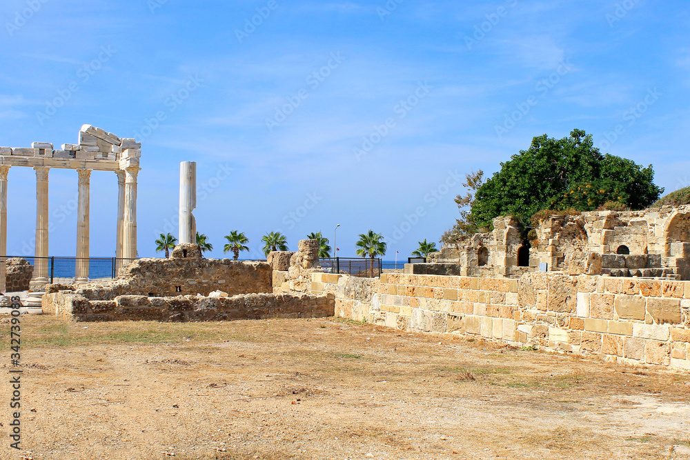 The ruins of the Temples of Apollo and Athens in Side. The second century AD. The famous architectural monument of Side, Turkey.