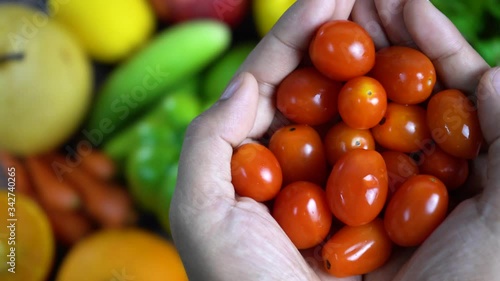 Close up fresh organic cherry tomatoes on woman hands and vegetables with fruit background, Healthy food.