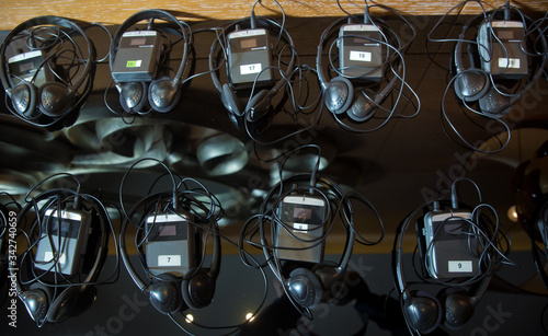 A set of headphones for simultaneous translation during negotiations in foreign languages. headphones used for simultaneous translation equipment simultaneous interpretation equipment