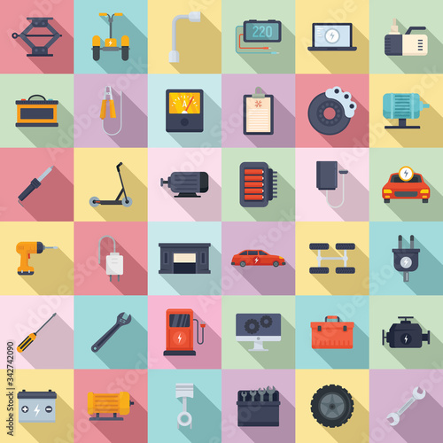 Electric vehicle repair icons set. Flat set of electric vehicle repair vector icons for web design