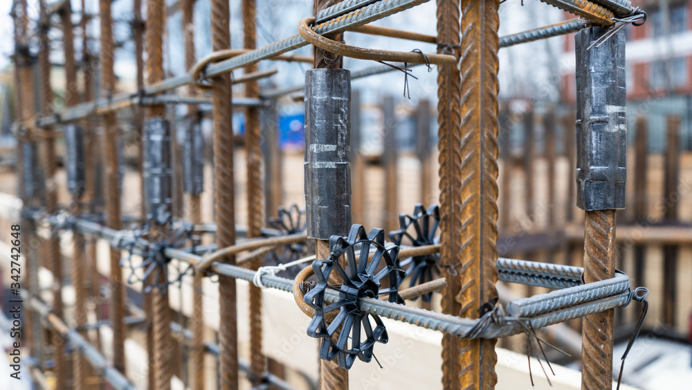 Construction, fittings, excavator, workers in suits, fastening fittings