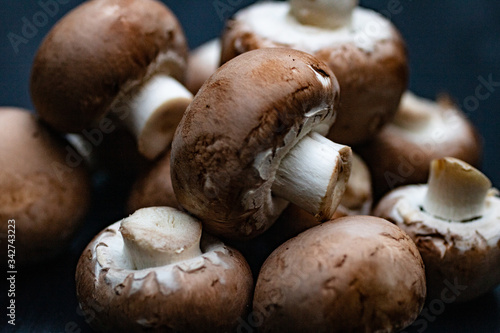 A heap of fresh mushrooms on a blue background