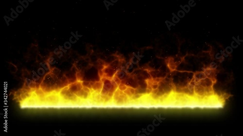 Yellow fire footage. Wall of fire flames on black background. 