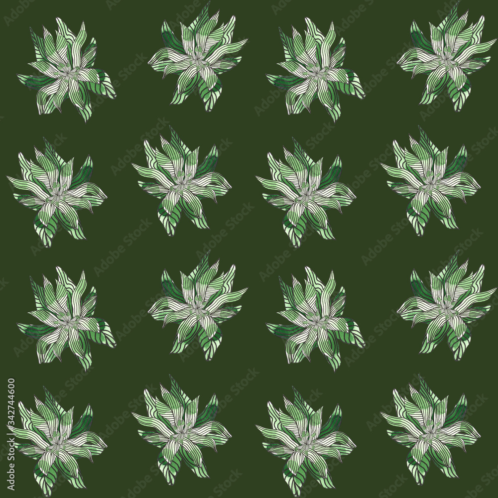 Seamless watercolor pattern with green succulents on dark background. Abstract desert plants, cactus with lines, doodles. Hand painted, textile surface for fabric print, stationery and gift paper wrap