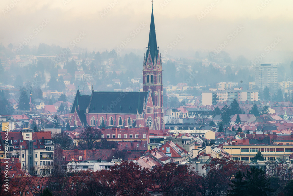 Aerial view of historical part of Graz, Austria. Landmarks with mountains Aerial view of historical part of Graz, Austria. Landmarks with mountains