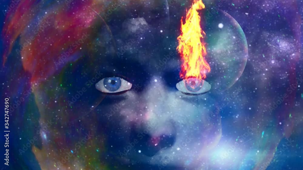 Woman face and fire in colorful space Woman face and fire in colorful space
