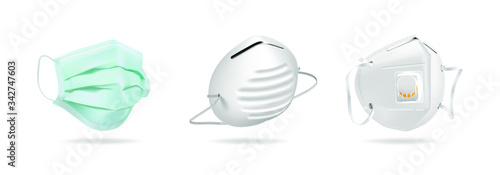 Three types of surgical masks, FFP3, FFP2, coronavirus protection, isolated vector illustration