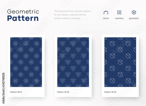 Set of seamless geometric patterns. Blue and white line backgrounds collection. Endless repeating linear texture for wallpaper,packaging, banners, invitations, business cards, fabric print, firm stile