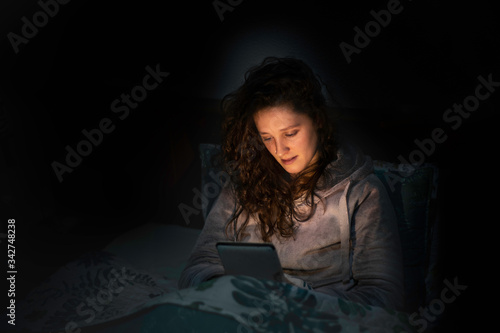 Model reading an ebook in bed