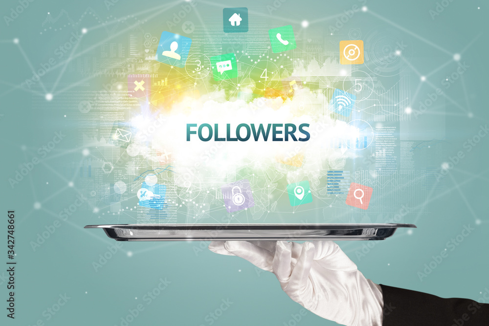 Waiter serving social networking concept with FOLLOWERS inscription Waiter serving social networking concept with FOLLOWERS inscription