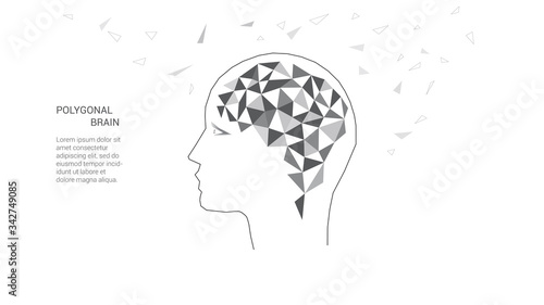 Polygonal brain. Concept of thinking human, visualization of process of thinking. Black white vector illustration. Low poly.