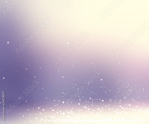Glitter on floor in lilac room 3d background. Warm light on empty wall. Smooth texture.