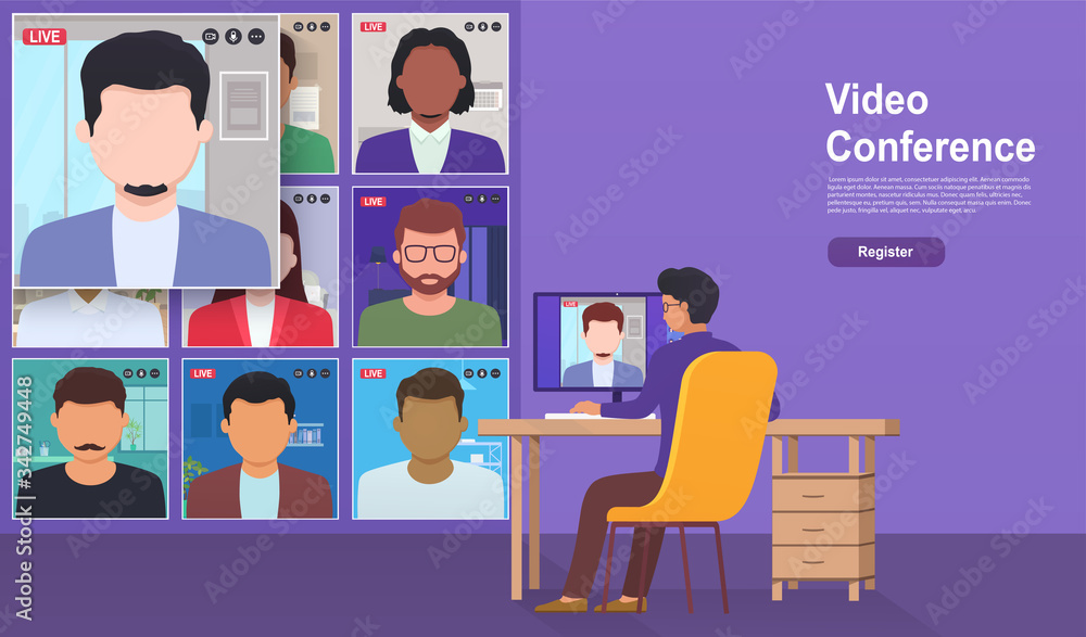 Video conference from home. Online meeting with colleagues, work and training via teleconference or video conferencing. Video conference from home. Online meeting with colleagues, work and training via teleconference or video conferencing.
